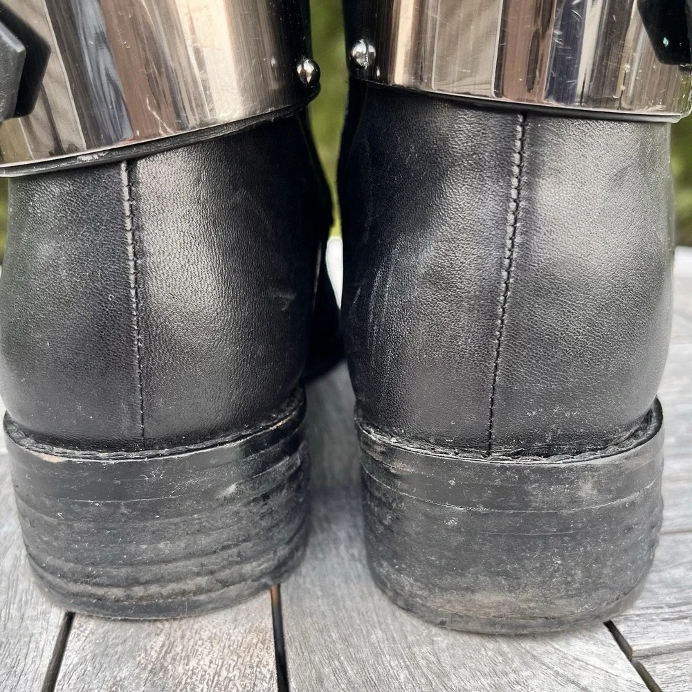 Vince Camuto Jaran Riding Boot Womens 7 Tall Black Leather Suede Silver Hardware